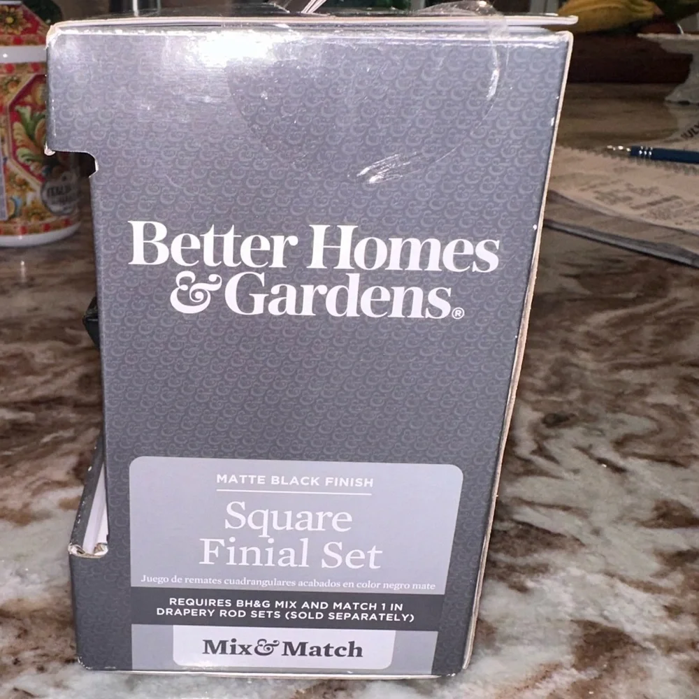 Better Homes & Gardens Square Finial Set for Curtain Rod Matte Black Finish